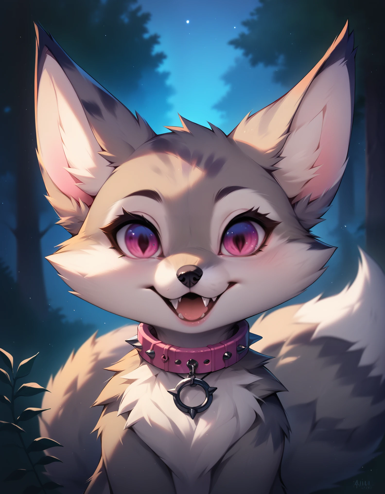 score_9, score_8_up, score_7_up, score_6_up, rating safe, source furry, vulpera, female, solo, cute expression, multicolored body, black nose, cute fangs, pink eyes, spiked collar, detailed background, forest, night, front view, grey fur