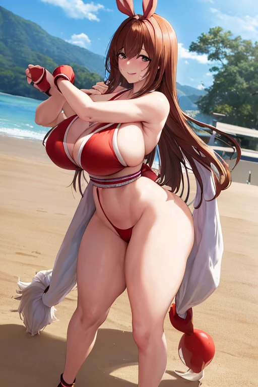 masterpiece, best quality, beautiful art, high resolution, well formed hands, body and fingers, 1 woman,solo, Yotsuba Nakano,  up, adult, big breasted, cleavag,  full body, long hair, hair ribbon, cosplaying as Mai Shiranui, gorgeous legs , hips and thighs, sexy japanese clothes, she is doing exercise, warming up, stretching her body, bouncing breasts, bikini thong, sexy and erotic training, working out, sweating, smiling joyfully and brightly, training montage session, beach environment 