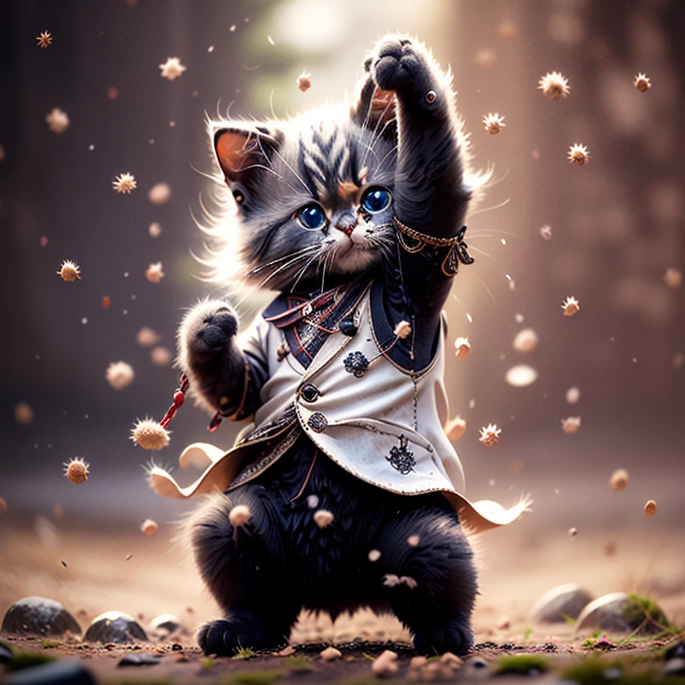 highest quality,Very detailed,Realistic,photoRealistic:1.37),White uniformを着た毛むくじゃらのBlack cat,Adorable,soft,fuzzy,Playful,Expressive blue eyes,small, rounded body,Small feet、He is doing a straight punch with both hands outstretched.,Vibrant colors,Warm lighting,、Black cat、black cat、Are standing、Blue sky background、White uniform、White uniform、