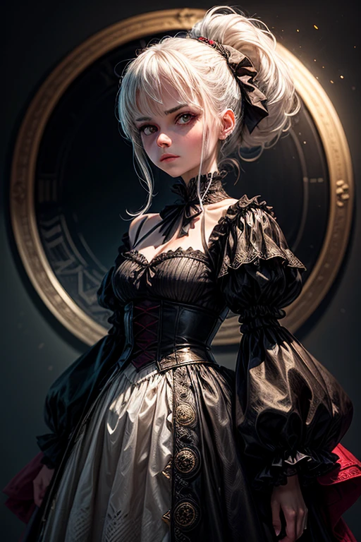 masterpiece, high quality, HKNON, Pixel art, 1 girl, White hair, ponytail, Red Gothic Dress, simple gold background, death glare, Eclipse Background