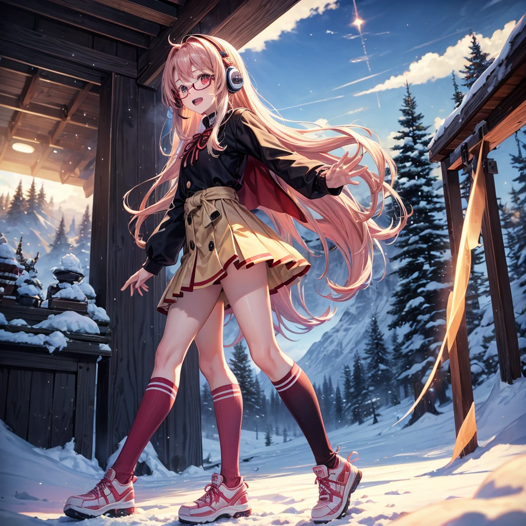 Pink gold golden hair、Red eyes、One good looking girl、solo、anime、Checkered mini skirt、The skirt has buttons、Red T-shirt、Long sleeve、China、Cape、Black knee-high socks、Wearing headphones、Wearing a ribbon、Ribbon on waist、Tilting face、Teeth are visible、tunnel、Sunset sky、The rocks are exploding、Penguins are walking、Snow is piled up、Rocky Mountain、The clouds are breaking through、Contrail、Medusa、Glasses、world Tree