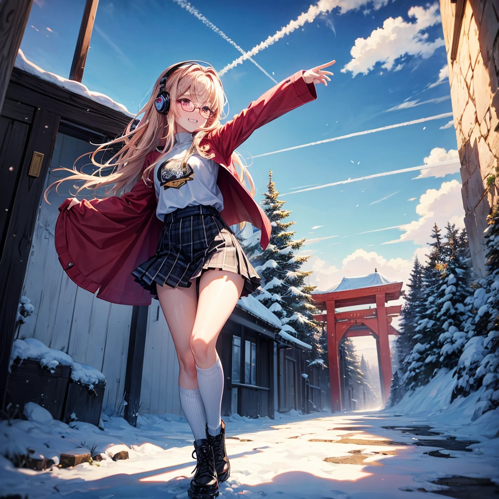 Pink gold golden hair、Red eyes、One good looking girl、solo、anime、Checkered mini skirt、The skirt has buttons、Red T-shirt、Long sleeve、China、Cape、Black knee-high socks、Wearing headphones、Wearing a ribbon、Ribbon on waist、Tilting face、Teeth are visible、tunnel、Sunset sky、The rocks are exploding、Penguins are walking、Snow is piled up、Rocky Mountain、The clouds are breaking through、Contrail、Medusa、Glasses、world Tree