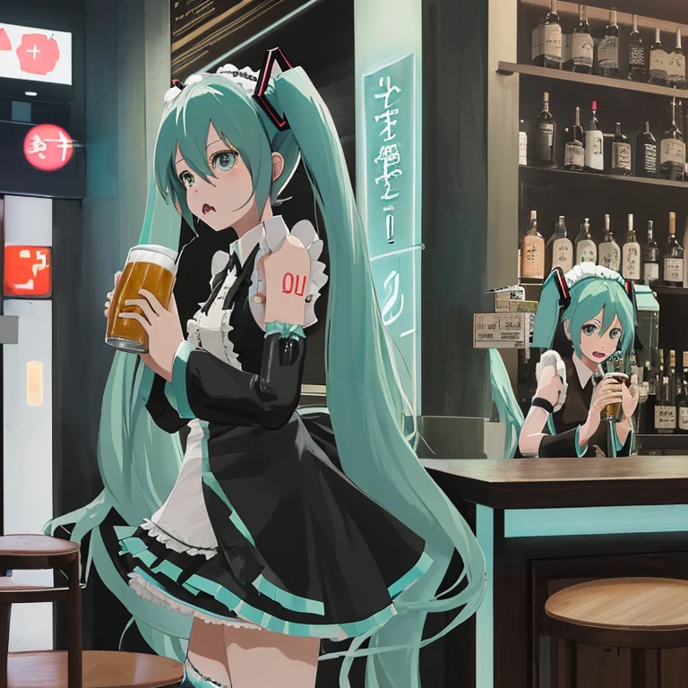 Hatsune Miku preaching while drinking beer at a standing bar Maid clothes angry