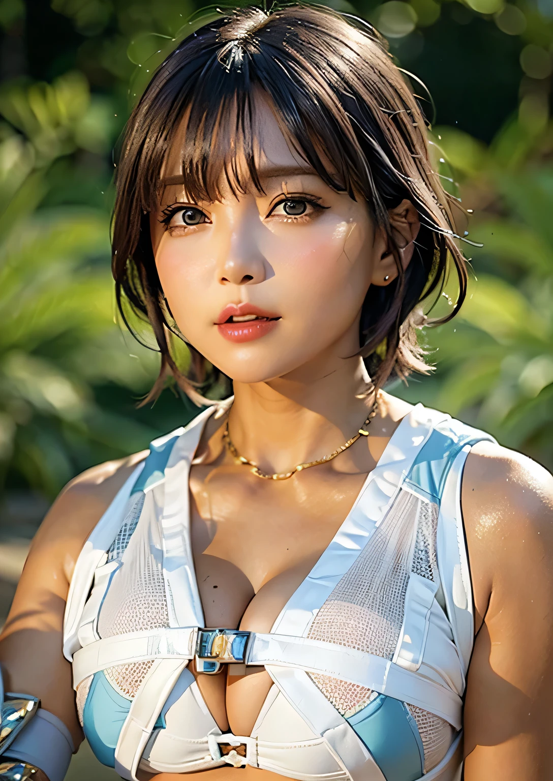 Highest quality photos, 8Kimage, masterpiece, Futuristic sexy costume, White and light blue outfit, Short Hair, (Make her breasts quite large), (Big cleavage), Too large bust sagging, Fair skin, Delicate, large, beautiful eyes, Japanese women, Stunningly beautiful woman, Cute woman, Accentuates body lines, Bust Sharp Hocus, No underwear,
