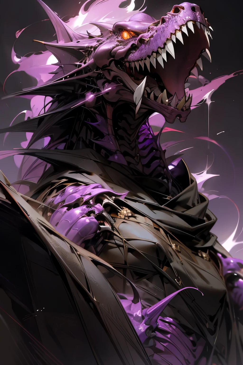 Tyrannosaurus bones。
Wrapped in purple flames。
Composition looking up from below。
Illustrations showing the whole body。