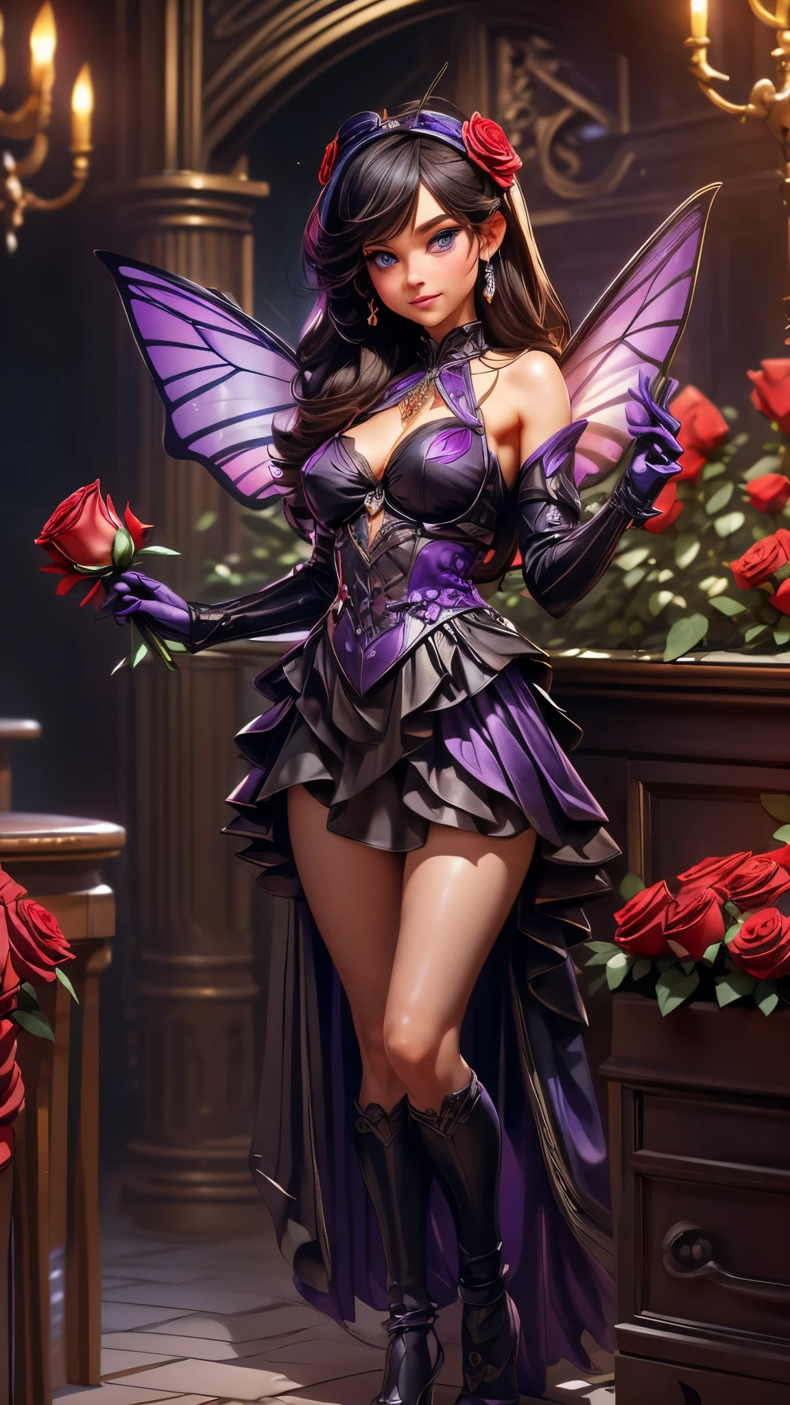 high details, best quality, 16k, RAW, [best detailed], masterpiece, best quality, (extremely detailed), GlowingRunes_paleblue, full body, ultra wide shot, photorealistic, fantasy art, RPG art, D&D art, a picture of a fairy selling flowers in a florist shop, extremely beautiful fairy, ultra feminine (intense details, Masterpiece, best quality), (purple: 1.3) butterfly wings (intense details, Masterpiece, best quality), purple and white wings (intense details, Masterpiece, best quality), black hair, pixie cut hair, shinning hair, flowing hair, shy smile, innocent smile, blue eyes, wearing black skirt, dynamic elegant shirt, chocker, wearing high heels, in flower shop (intense details, Masterpiece, best quality), extreme many (red roses: 1.3) (intense details, Masterpiece, best quality), (red: 1.3) roses shop in a modern era street, High Detail, Ultra High Quality, High Resolution, 16K Resolution, Ultra HD Pictures, Ultra Realistic, Clear Details, Realistic Detail, Ultra High Definition, Big Fairy Wings, wearing edgLL leather lingerie, ArmoredDress