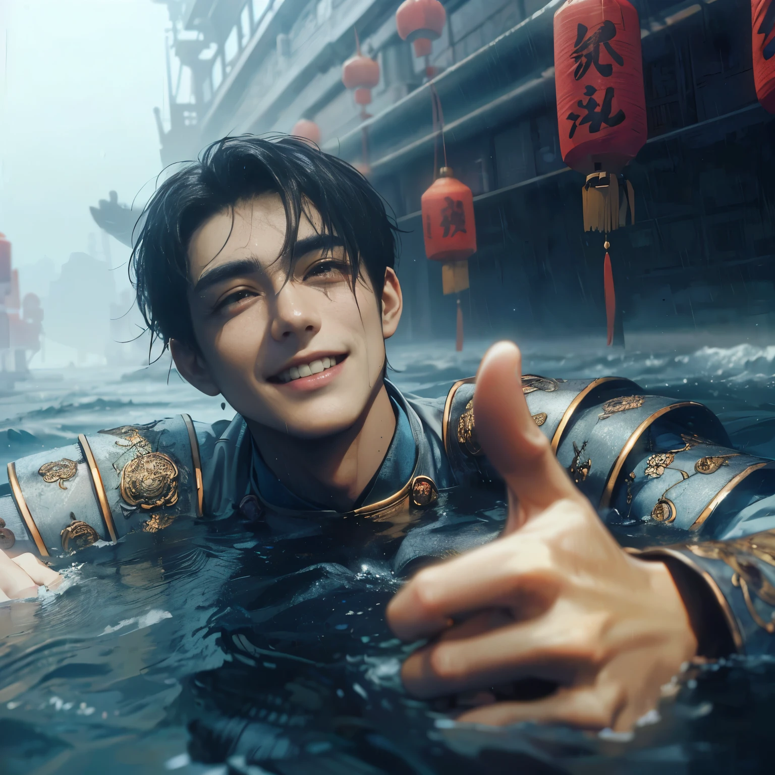 (Best Quality:1.2), (high resolution:1.2), (beautiful face and eye:1.5), (sharpest focus:1.2), (Ultra-realistic Photo:1.2), (Ultra-precise Photo:1.2), (Depth of field:1.2), (8k high resolution:1.2). (perfect anatomy:1.2),
(nice hands:1.5), (perfect hands:1.5), (One drowning Chinese man:1.2), (Very young and beautiful Chinese man:1.0), (Smiling thumbs up in a state of resignation:1.2), (Looking up angle:1.2),
(Chinese warrior in very light clothing, beaten up:1.0), (Majestic Chinese river:1.0), (Cynical smile:1.0), (Giant battleship:1.0), (Mars shining reddish-red in the night sky:1.2),