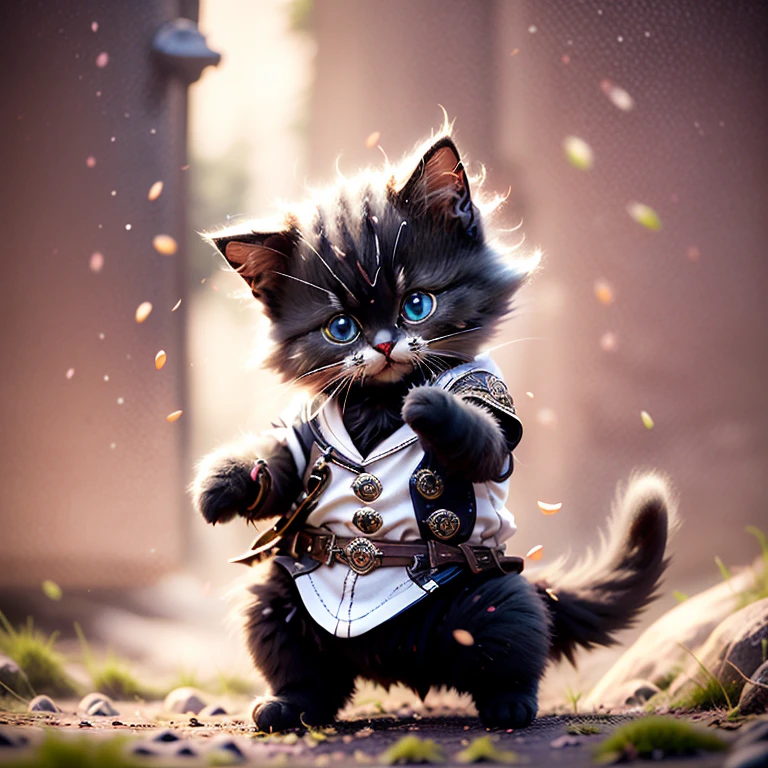 highest quality,Very detailed,Realistic,photoRealistic:1.37),White uniformを着た毛むくじゃらのBlack cat,Adorable,soft,fuzzy,Playful,Expressive blue eyes,small, rounded body,Small feet、He is doing a straight punch with both hands outstretched.,Vibrant colors,Warm lighting,、Black cat、black cat、Are standing、blue sky、blue skyの背景、White uniform、White uniform、