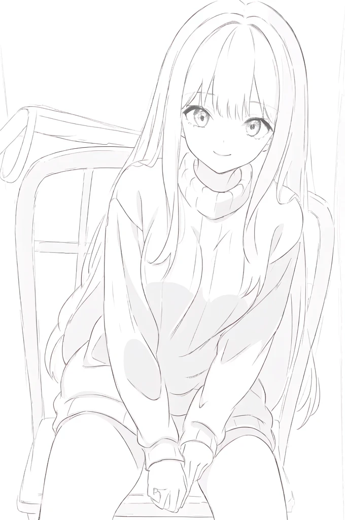 (best quality, masterpiece, highres),1girl,jitome,smile,very long hair,white background,selfie , long hair,sweater,sit on chair,close up
