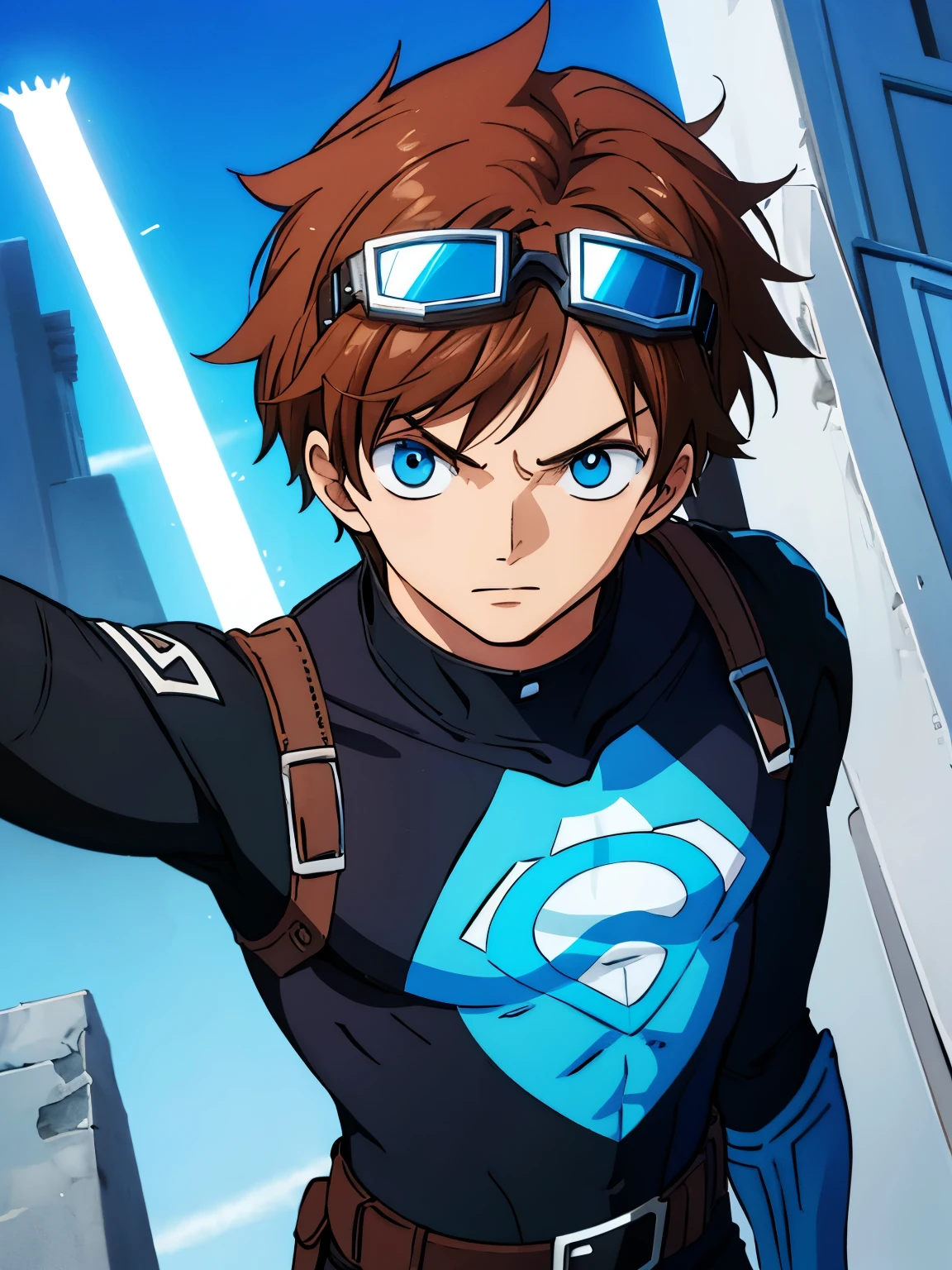 young boy with brown hair and light blue eyes wearing black and blue superhero clothes with goggles