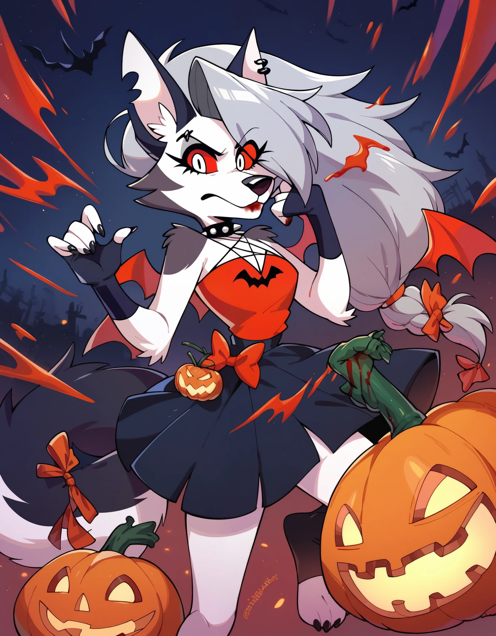 score_9, score_8_up, score_7_up, score_6_up, safe content, by vivzmind, mammal, canid, canid demon, demon, canine, monster, anthro, female, fur, solo, hair, white body, white fur, helluva boss, holidays, hellhound, loona, red sclera, dress, white eyes, braided hair, halloween, blood, official art, blood from eye
