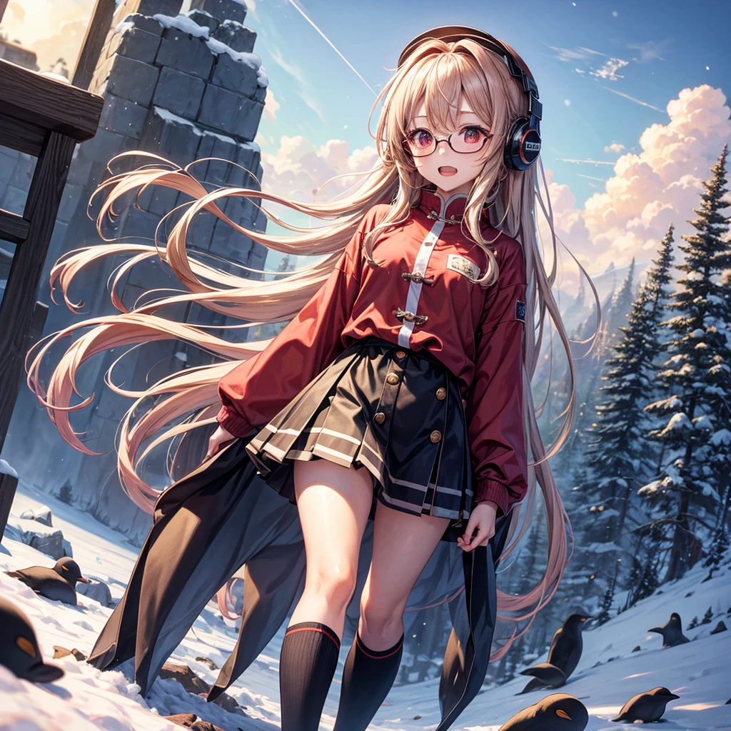 Pink gold golden hair、Red eyes、One good looking girl、solo、anime、Checkered mini skirt、The skirt has buttons、Red T-shirt、Long sleeve、China、Cape、Black knee-high socks、Wearing headphones、Wearing a ribbon、Ribbon on waist、Tilting face、Teeth are visible、tunnel、Sunset sky、The rocks are exploding、Penguins are walking、Snow is piled up、Rocky Mountain、The clouds are breaking through、Contrail、Medusa、Glasses、Huge world tree