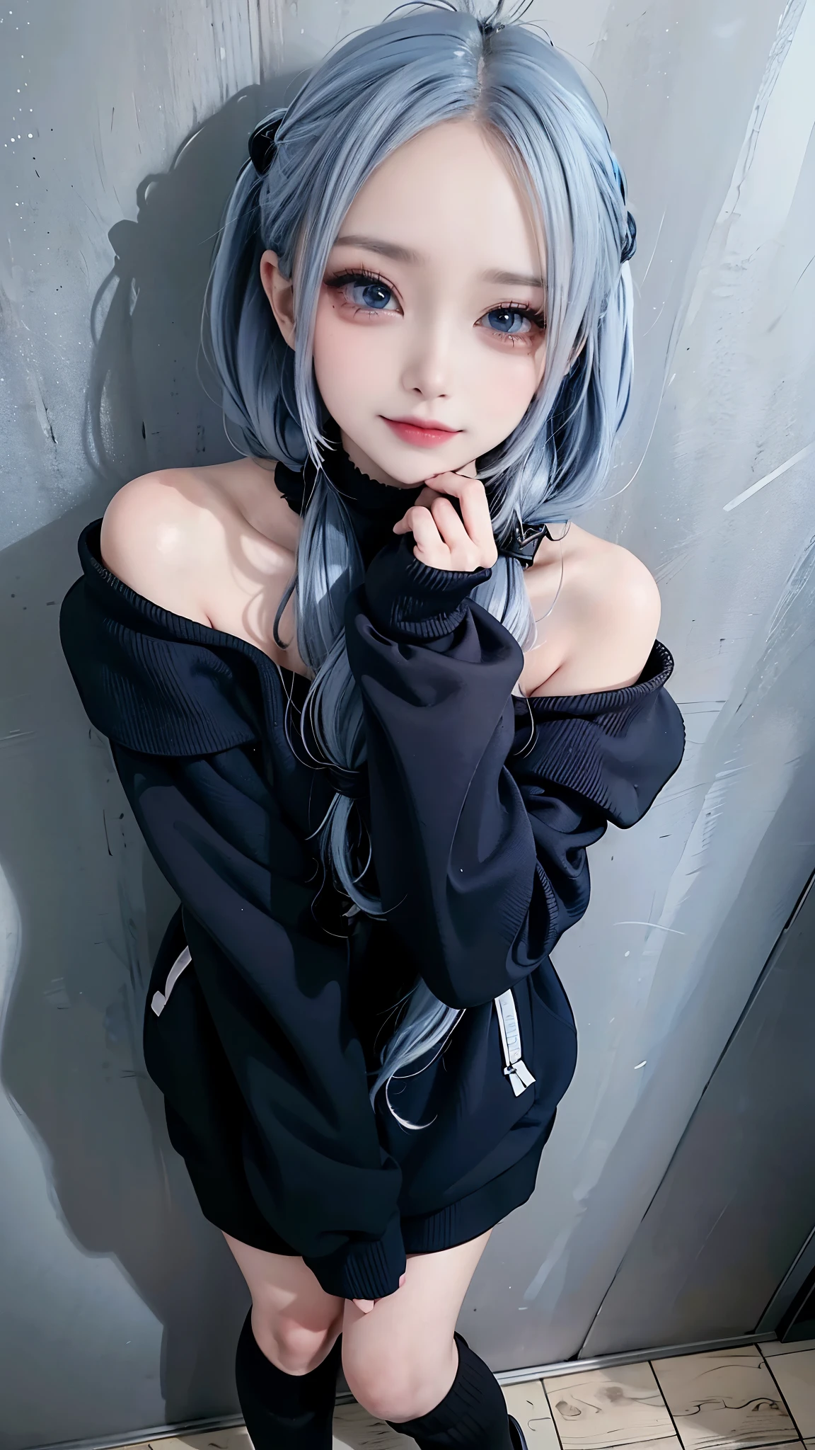 (Best picture quality,style of anime:1.5),A mature beauty,Wide forehead,Off-the-shoulder attire,Wide coat,blue hairs,blue color eyes,eyes with brightness,black over-the-knee socks,fleshy feeling,Twist braids,Pursed his lips and smiled,Classroom Background,blackboards