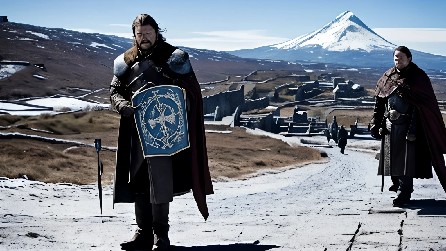 Eddard Stark carries a sign with “summer is coming”. The sky is blue, the sun is shining, and in the distance you can see winterfell.