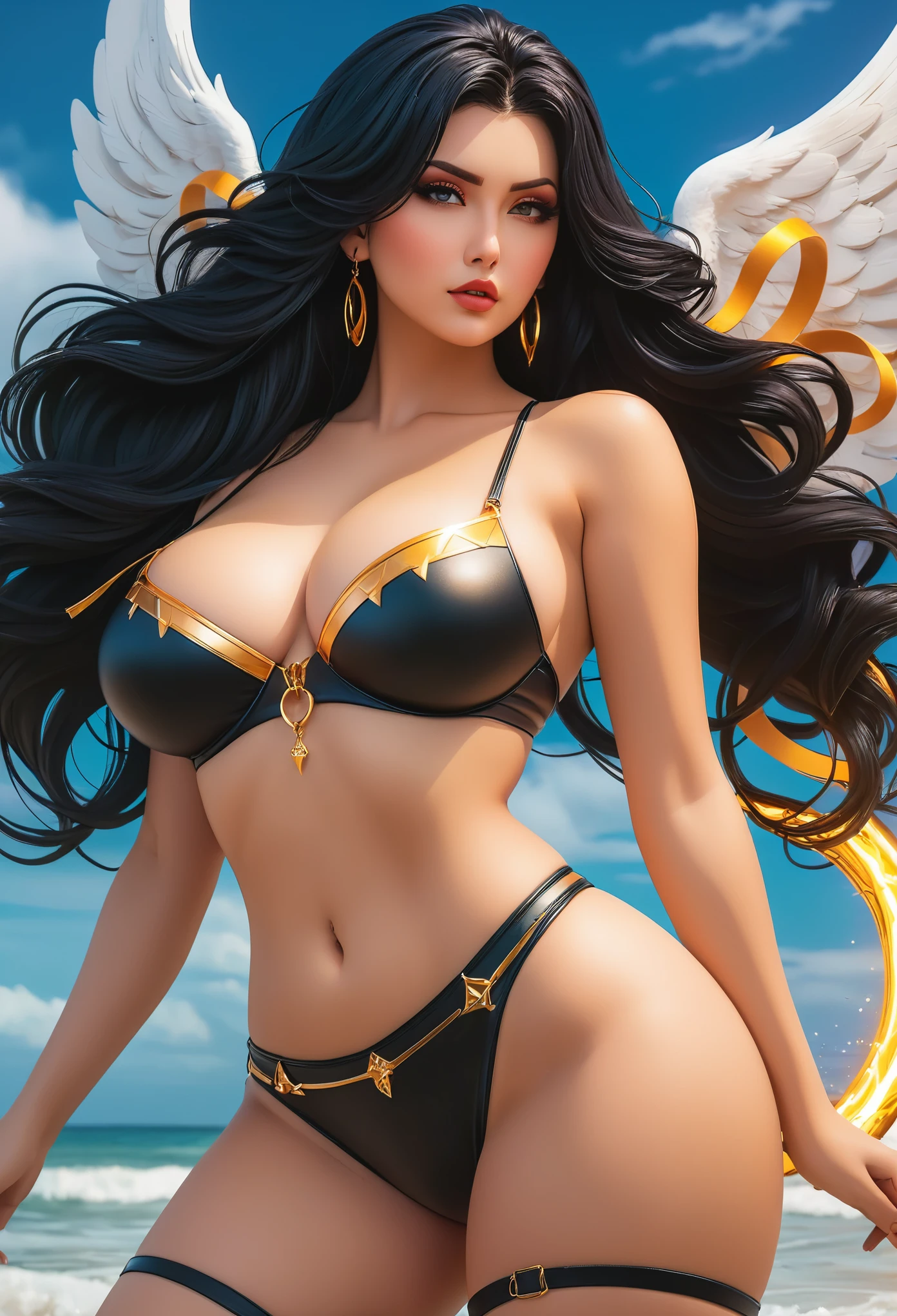 In a mesmerizingly portrayal, thick women busty, a glam-goth goddess angel her Age 28, clean skin,pretty hair, midriff  bikini, trending on cgsociety, epic, trending on artstation, highly detailed, vibrant, production cinematic character render, ultra-high-quality model, golden ratio manhwa, manhua, background mysterious, does not produce same pose when remixed,