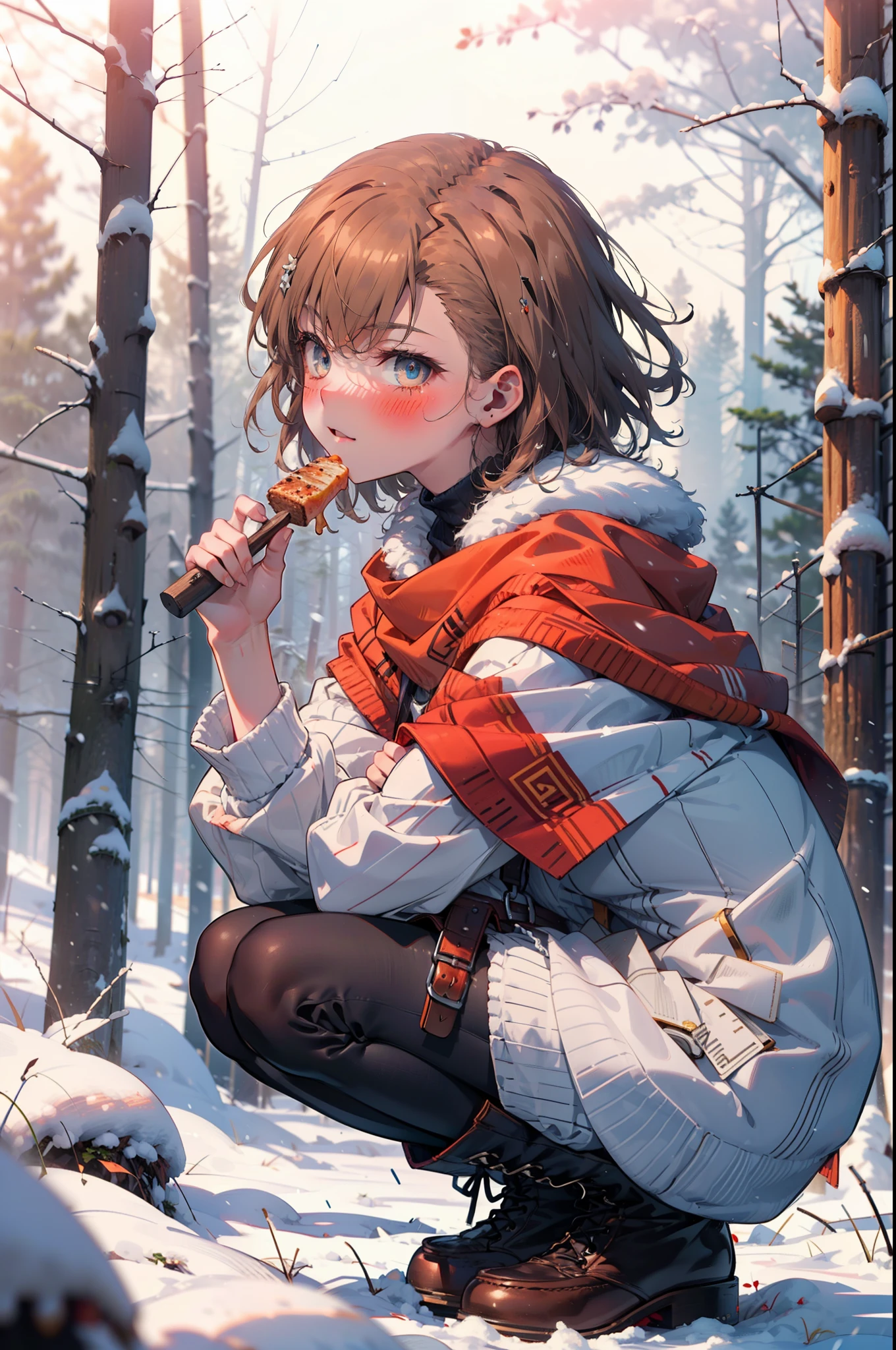 Mycotrose, Brown eyes,Brown Hair,short hair,smile,blush,White Breath,
Open your mouth,snow,Ground bonfire, Outdoor, boots, snowing, From the side, wood, suitcase, Cape, Blurred, Eat a meal, forest, White handbag, nature, Squat, Mouth closed, Cape, winter, Written boundary depth, Black shoes, red Cape break looking at viewer, Upper Body, whole body, break Outdoor, forest, nature, break (masterpiece:1.2), highest quality, High resolution, unity 8k wallpaper, (shape:0.8), (Beautiful and beautiful eyes:1.6), Highly detailed face, Perfect lighting, Highly detailed CG, (Perfect hands, Perfect Anatomy),
