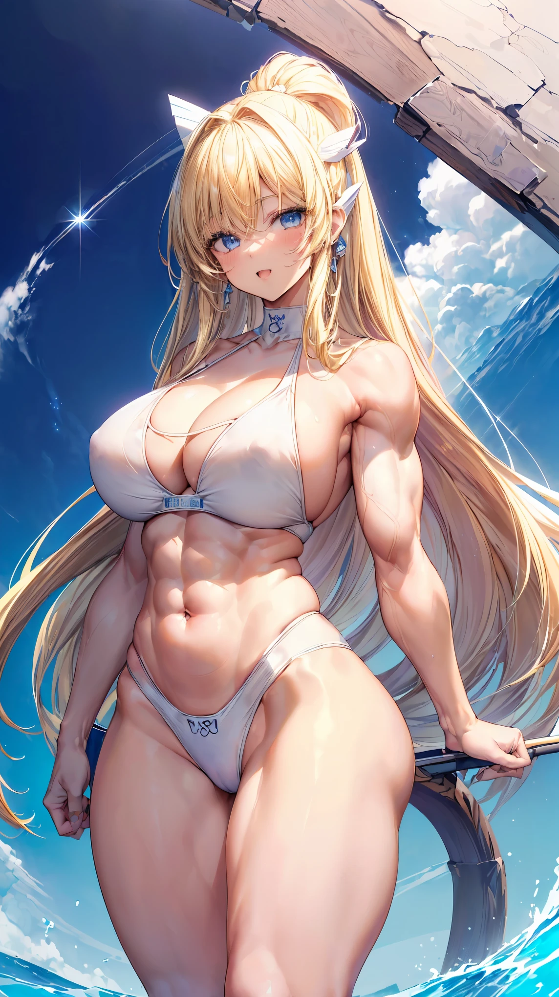 Very detailed、highest quality、Best image quality、masterpiece、8k、Anime Face、A kind smile、(Open your mouth:1.3)、Sparkling blue eyes、(Blonde semi-long hair:1.5)、(Muscles of the whole body:1.3)、(High leg:2.0)、Thigh belt、(White high cut bikini:1.5)、(Upper body photo:1.5)、(SFW Giant)、(Thick body:1.2)