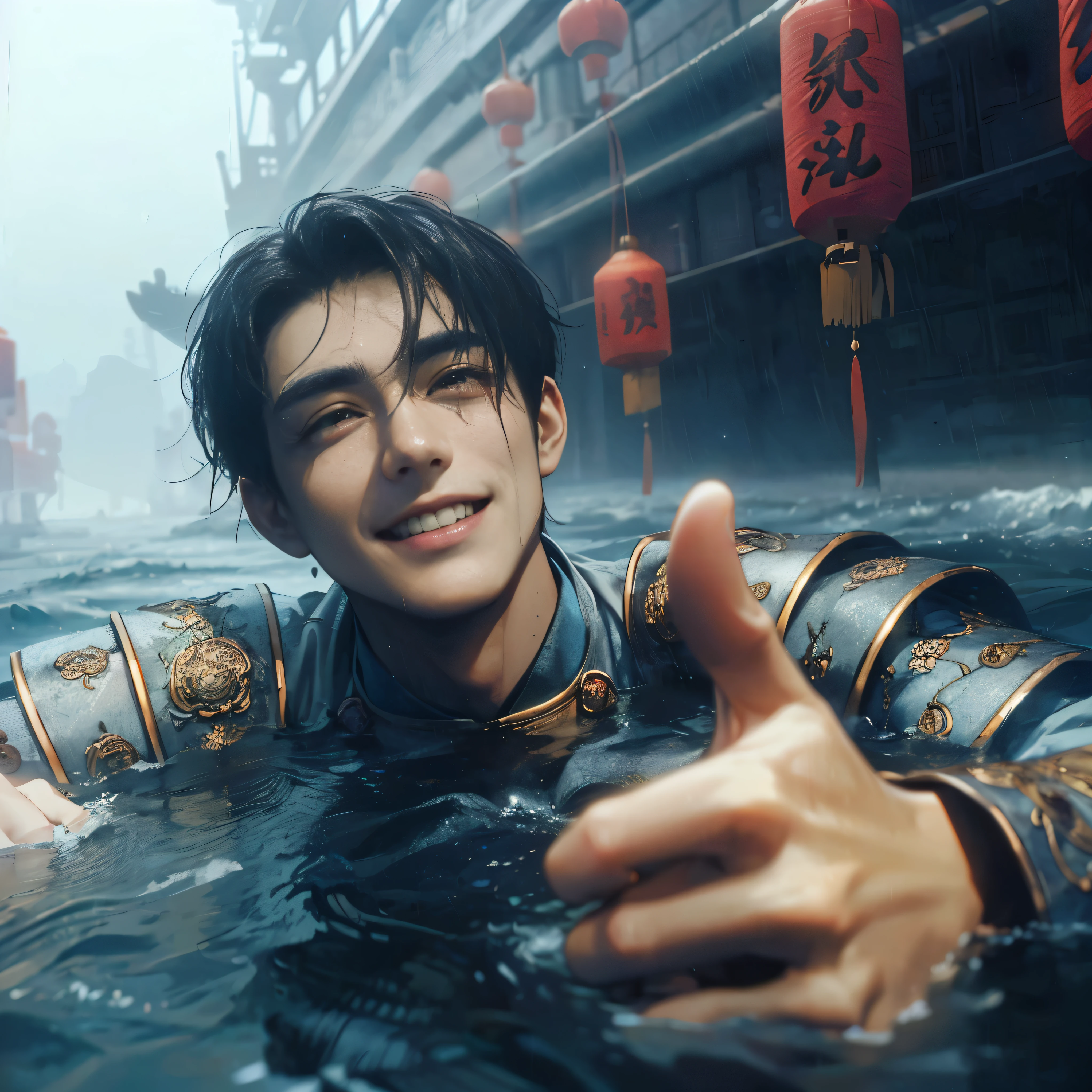 (Best Quality:1.2), (high resolution:1.2), (beautiful face and eye:1.5), (sharpest focus:1.2), (Ultra-realistic Photo:1.2), (Ultra-precise Photo:1.2), (Depth of field:1.2), (8k high resolution:1.2). (perfect anatomy:1.2), 
(nice hands:1.5), (perfect hands:1.5), (One drowning Chinese man:1.2), (Very young and beautiful Chinese man:1.0), (Smiling thumbs up in a state of resignation:1.2), (Looking up angle:1.2), 
(Chinese warrior in very light clothing, beaten up:1.0), (Majestic Chinese river:1.0), (Cynical smile:1.0), (Giant battleship:1.0), (Mars shining reddish-red in the night sky:1.2), 