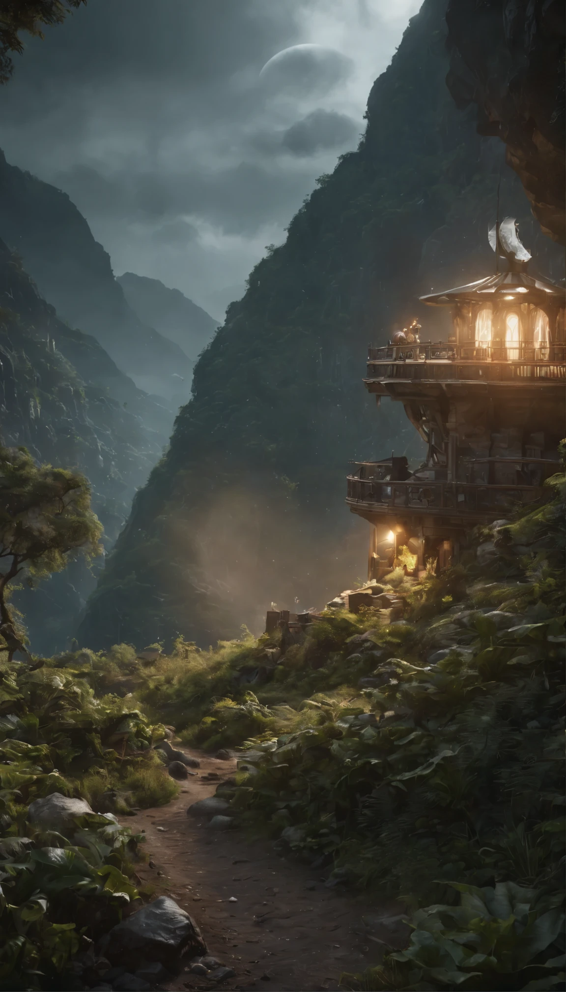 A stunning concept art piece depicting a traditional landscape in 8K resolution、It boasts super cool and ultra realistic sci-fi elements.。The images are filled with dramatic and atmospheric lighting.、Light rays trace ultra-detailed 3D environments。This scene、Dark shadows to highlight the ultra-detailed features that are trending in 4K Ultra HD ArtStation、Creates cinematic lighting effects。The central focus is、The design emphasizes the futuristic machinery placed in a rustic landscape.、Adds attractive contrast to the image。Unrealistic Engine 5 rendering、Enhance your visual experience、This really makes this a masterpiece.。