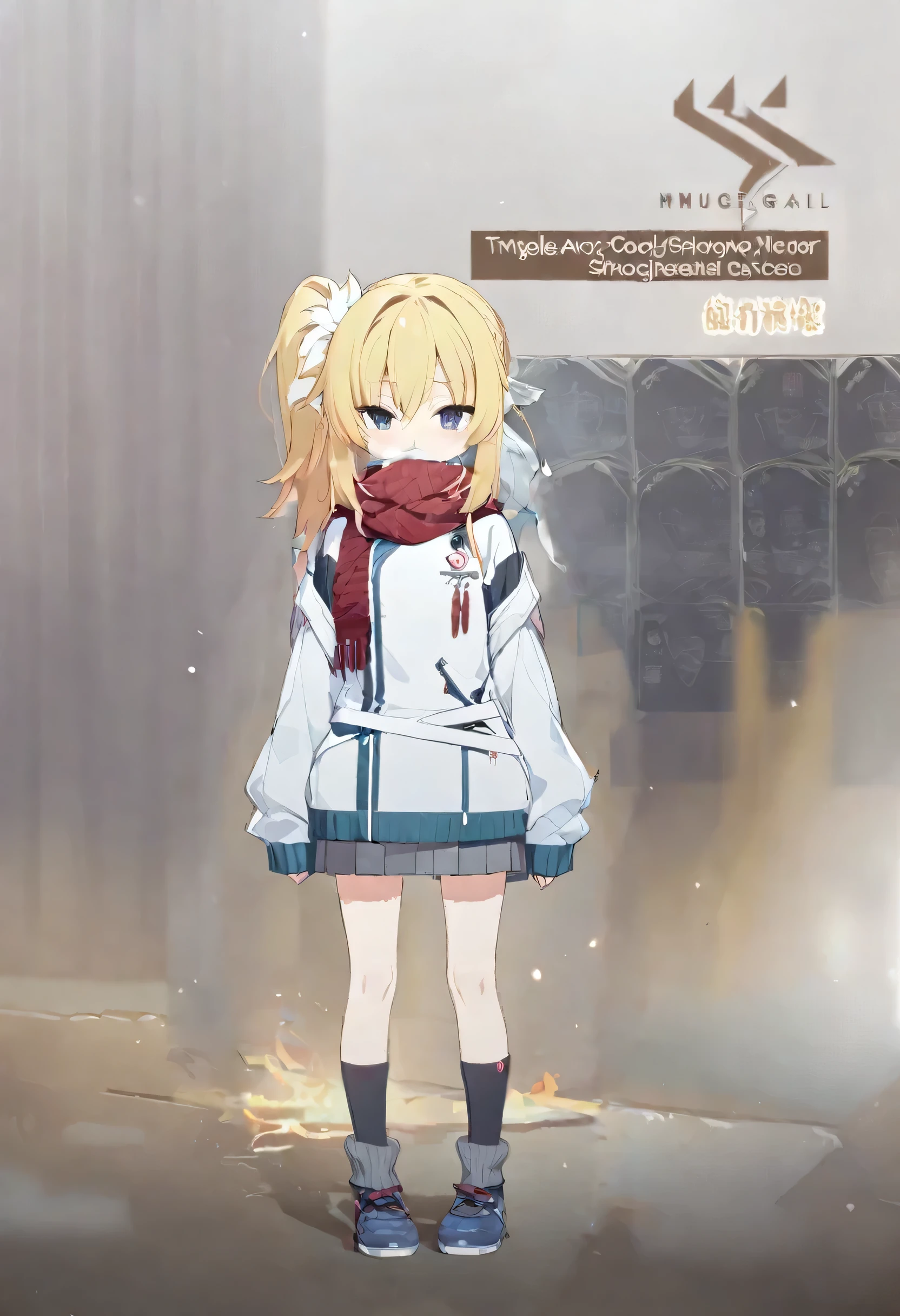 One Girl,Young Girl,,Bangs that extend between the eyes,Half Hair,Blonde,Side Ponytail,Heisei Gal,Concept Art,whole body,Are standing,bright,Simple background gray,Smuggle,Small breasts,turtleneck,socks,Warm clothes,black,Red scarf,