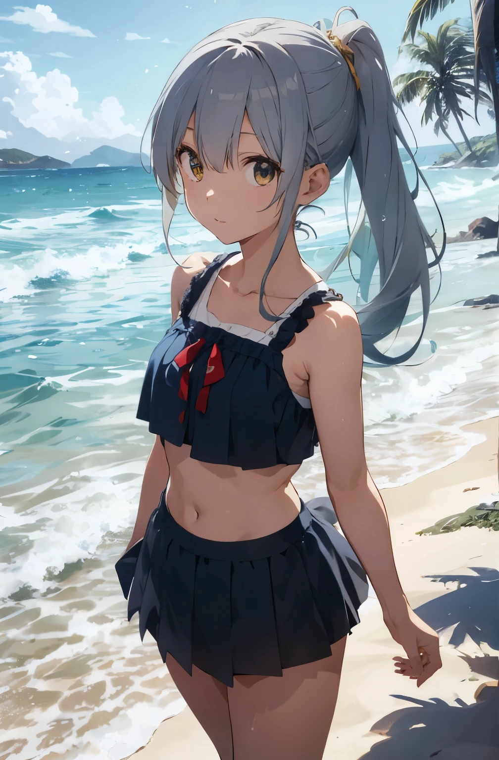 Silver-haired girl drawn in high resolution Japanese anime style、Standing alone on the white sand beach of a deserted island。She is wearing a gorgeous yellow bikini.、Her hair is in a ponytail that sparkles in the light......。The sea in the background shines emerald green......、The beach is littered with shells and pebbles.、time々、Small waves gently wash up on the shore。熱帯のwood々Swaying in the Wind、Mr......々Among the branches々Birds are singing..。wood々Colorful flowers blooming in abundance、The entire island is filled with abundant nature......。On the horizon of a distant sea、The setting sun casts a beautiful orange glow over the ocean.、It gives the whole place a mystical feel......。、Wakame seaweed、Wakame seaweed、Wakame seaweed、Wakame seaweed、Wakame seaweed、Wakame seaweed、