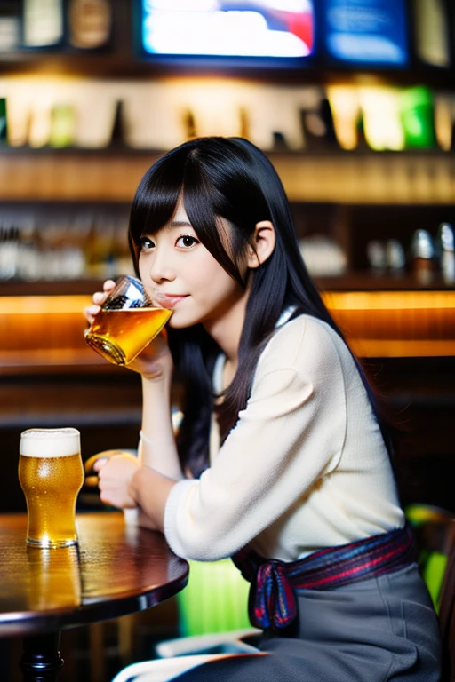 a japanese woman, Drinking beer at a pub, 8k, super detail, best quality, (photorealistic:1.5), (full body:1.5), (long hair)