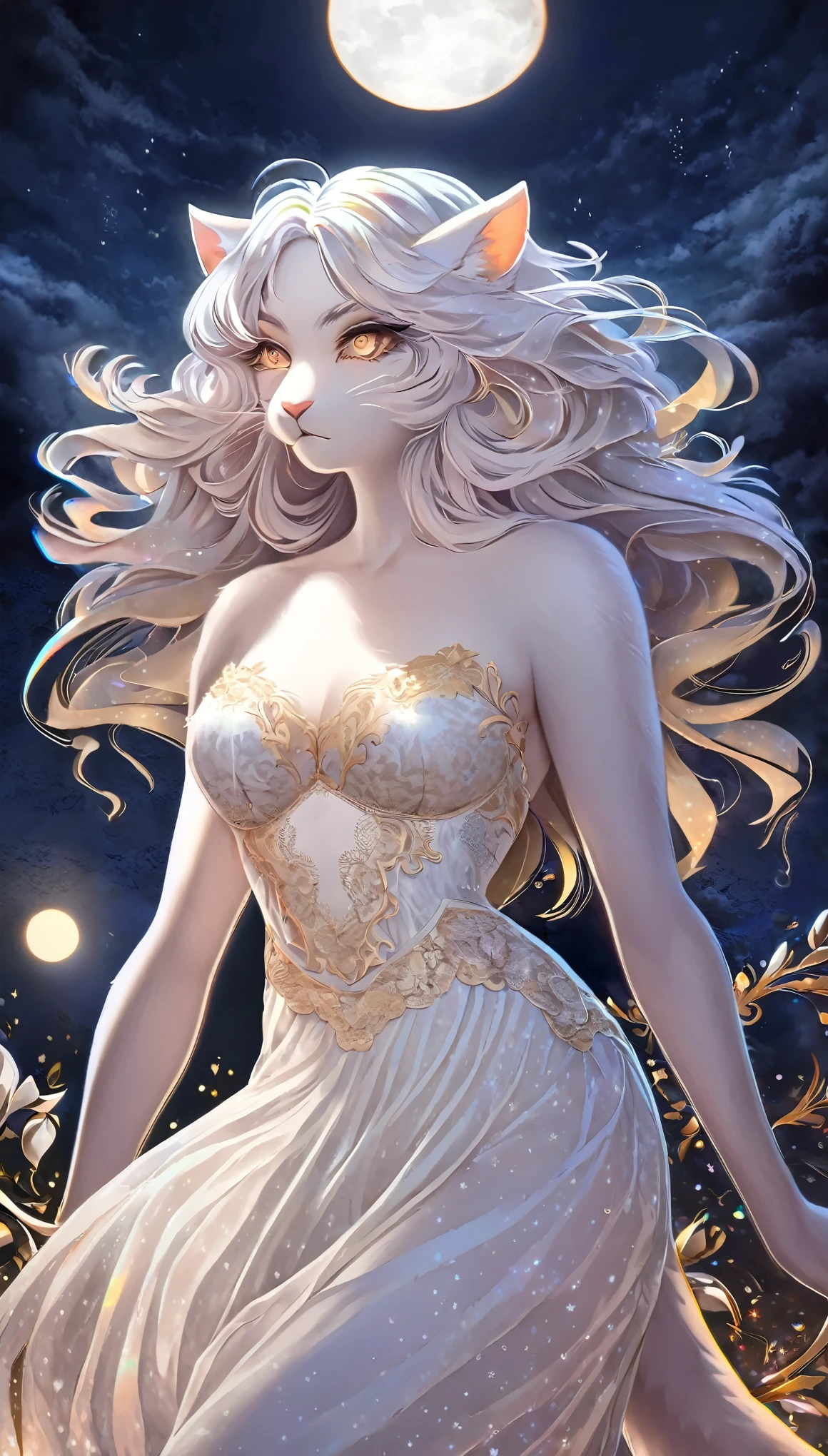 best quality, super fine, 16k, incredibly absurdres, extremely detailed, delicate and dynamic, cool and beautiful pretty white cat beast woman, iridescent white messy hair, captivating look, aroused expression, wearing camisole dress with lace embroidery, superlative body proportion, sparkling gold eyes, moon, night, stars