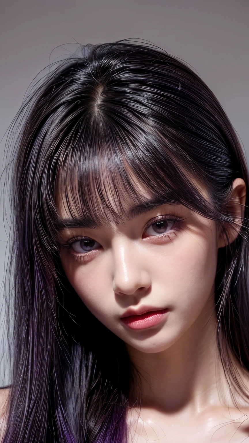 (best quality, high detailed facial feature, realistic, masterpiece) (, gorgeous girl ) (natural beauty, almond eyes shape, deep black eyes, purple hair color) perfect hairstyle