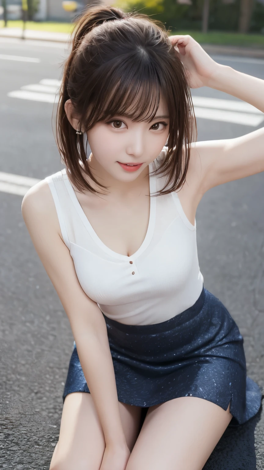 realistically, golden hair, brown eyes, glowing eyes, white short skirt, extra short skirt, Blush, daytime, Wet from the rain, cheongsam dress, cheongsam, sleeveless shirt, pussy, crotch, embarrass, Sit with your knees raised, windy, yami, the skirt is turned up, highest quality, High resolution, highly detailed face, perfect lighting, highest detailed , perfect hands, perfect anatomy, wind blow skirt up, small breast , random cute pose