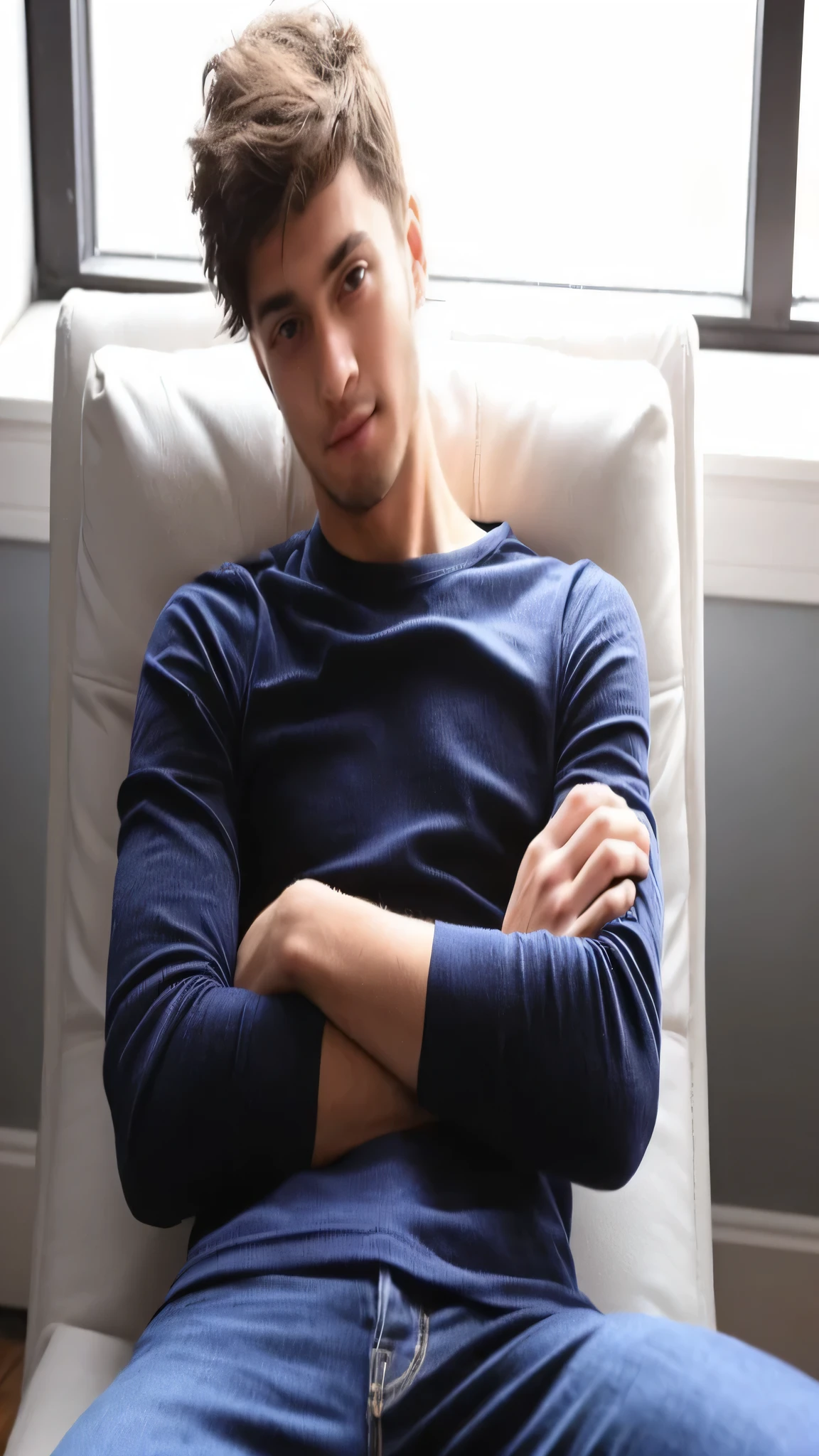 23y old handsome guy, taper hairstyle, shaved, wearing black jeans, white polo shirt, looking at the viewer, looks real and realistic, shot on sony camera 