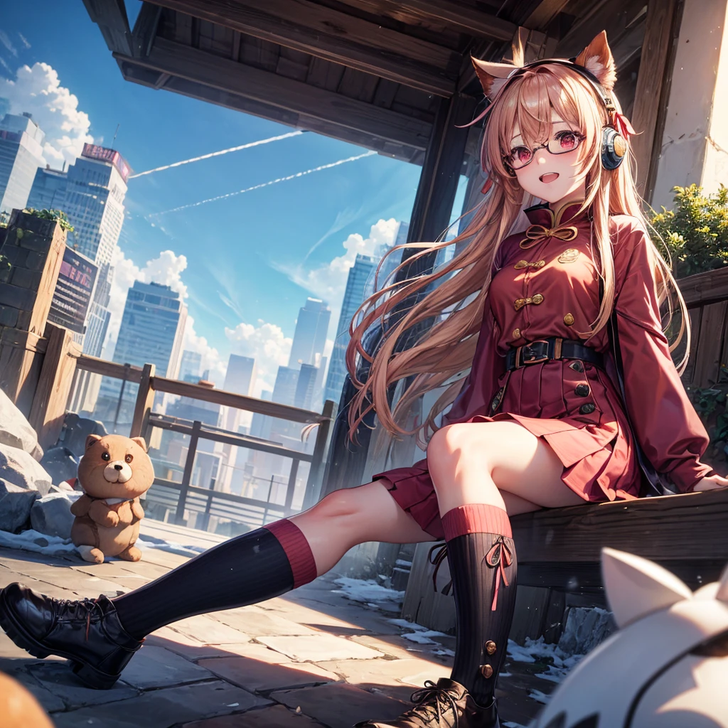 Pink gold golden hair、Red eyes、One good looking girl、solo、anime、Checkered mini skirt、The skirt has buttons、Red T-shirt、Long sleeve、China、Cape、Black knee-high socks、Wearing headphones、Wearing a ribbon、Ribbon on waist、Tilting face、Teeth are visible、Sunset sky、The rocks are exploding、Snow is piled up、Rocky Mountain、The clouds are breaking through、Contrail、Glasses、Huge world tree、Sitting
