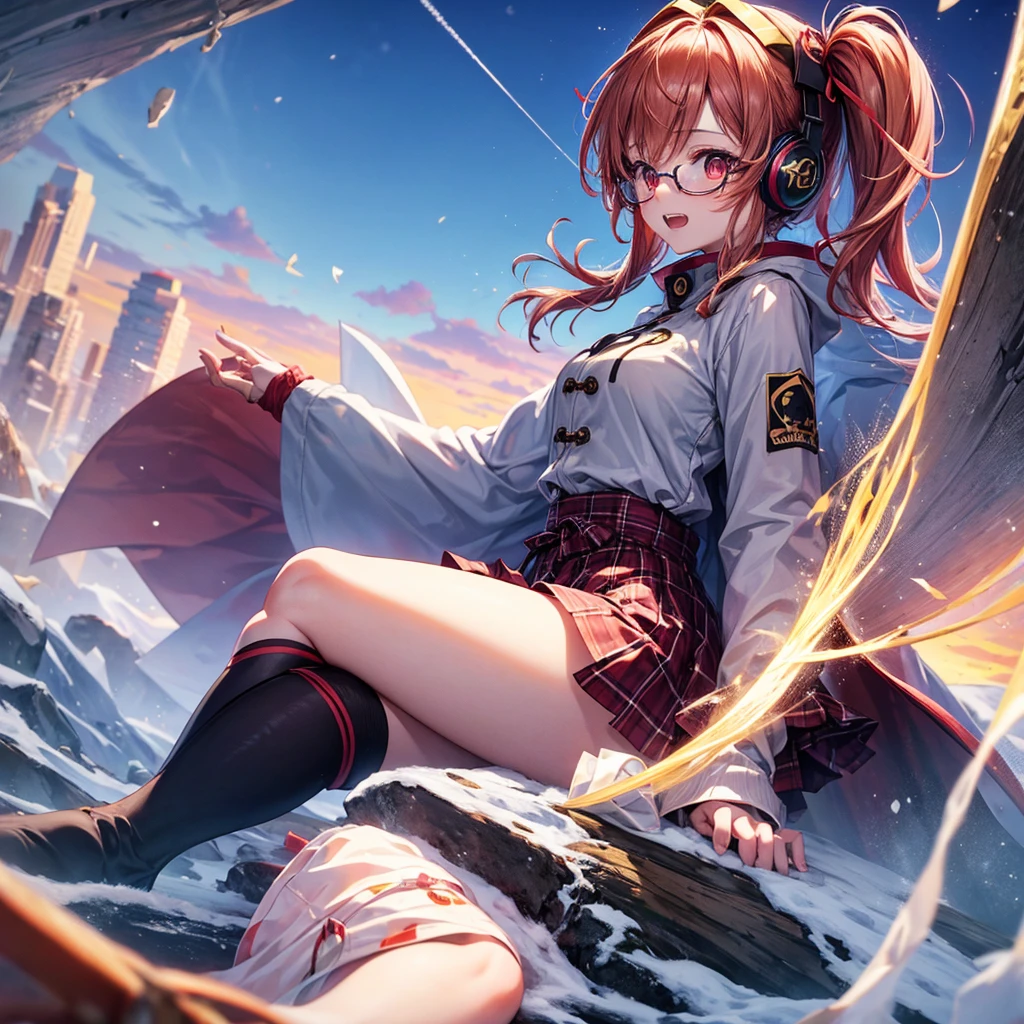Pink gold golden hair、Red eyes、One good looking girl、solo、anime、Checkered mini skirt、The skirt has buttons、Red T-shirt、Long sleeve、China、Cape、Black knee-high socks、Wearing headphones、Wearing a ribbon、Ribbon on waist、Tilting face、Teeth are visible、Sunset sky、The rocks are exploding、Snow is piled up、Rocky Mountain、The clouds are breaking through、Contrail、Glasses、Huge world tree、Sitting