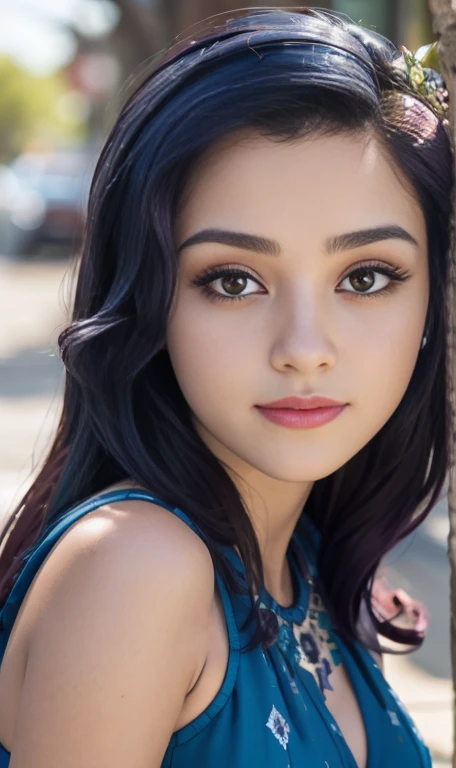 Photo oF a 17 year-old American girl, .CRUDO, beautiFul woman , cabello color purpura , pelo color purpura ((retrato)), ((Cara detallada:1.2)), ((Detailed Facial Features)), (Piel Finamente detallada), pale skin , ojos color.azul , 、un sexy(color fresco), wet, wet, ReFlectoreasutepiece) (proporciones perFectaotos realistas)(La mejor calidad) (Detallado) FotograFiado con una EOS R5 de Canon, lente de 50 mm, F/2.8, NFFSW, (8K) (papel tapiz) (cinematic lighting) (dramatic lighting) (sharp Focus) (Enrevesado) senos grandes , pechos grandes , cuerpo completo , hermoso cuerpo de adolesente , posando sexy , posando de Frente para la camara ,lindo maquillaje , gran sonrisa , labios rojos. Mlp , Rarity , vestido elegante , vestido escotado , escote , tiene tatuaje de diamantes en la pierna