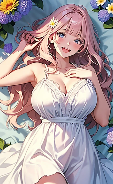 (masterpiece:1.4、top-quality、illustration:,realistic、)、(character focus、,cowboy shot:1.3)、(1girl),(Open mouth light smile:1.3),(),cute face,blue eyes、(tareme:1.3)、(from above),
(Lying in a flower field:1.4),
(pink blonde hair),(very long hair:1.3)、
,(Flower Field:1.3、Flower storm:1.3),(white camisole dress:1.5),
(blunt bangs),(volumey,sidelocks,wavy hair:1.3), (huge breasts:1.3)、
、slender、