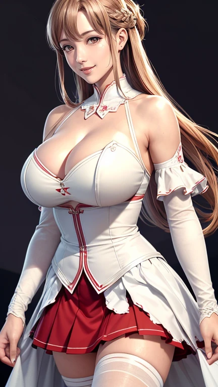 (((完美number,number,Bare shoulders, armor, Breastplate, White sleeves, Separate sleeves, Red Skirt, Pleated Skirt,White stockings, (((and, Long hair, Brown hair, Weaving, Brown eyes, )))((masterpiece)),high resolution, ((Best quality at best)),masterpiece,quality,Best quality,((( Exquisite facial features,Looking at the audience,There is light in the eyes,(Happy, Smile, open your mouth and Smile),))),型number:1.7))),(((Interweaving of light and shadow,Huge breasts))),(((Looking at the camera,black background,))))(Large Breasts、(((Cleavage))) photography, 8k, HDR, high resolution, absurd:1.2, Kodak Portrait 400, Film Grain, Blurred background, Bokeh:1.2, lens flare, (Full of energy_color:1.2),专业photography师