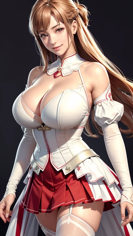 （（（完美number，number，Bare shoulders, armor, Breastplate, White sleeves, Separate sleeves, Red Skirt, Pleated Skirt,White stockings, （（（and, Long hair, Brown hair, Weaving, Brown eyes, ）））((masterpiece)),high resolution, ((Best quality at best))，masterpiece，quality，Best quality，（（（ Exquisite facial features，Looking at the audience,There is light in the eyes，(Happy, Smile, open your mouth and Smile)，））），型number:1.7））），（（（Interweaving of light and shadow，Huge breasts））），（（（Looking at the camera，black background，)）））（Large Breasts、(((Cleavage))) photography, 8k, HDR, high resolution, absurd:1.2, Kodak Portrait 400, Film Grain, Blurred background, Bokeh:1.2, lens flare, (Full of energy_color:1.2),专业photography师