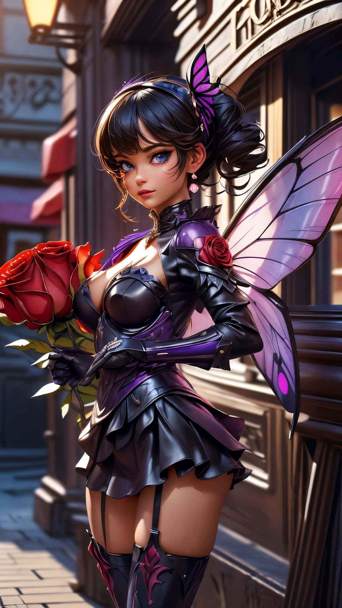 high details, best quality, 16k, RAW, [best detailed], masterpiece, best quality, (extremely detailed), GlowingRunes_paleblue, full body, ultra wide shot, photorealistic, fantasy art, RPG art, D&D art, a picture of a fairy selling flowers in a florist shop, extremely beautiful fairy, ultra feminine (intense details, Masterpiece, best quality), (purple: 1.3) butterfly wings (intense details, Masterpiece, best quality), purple and white wings (intense details, Masterpiece, best quality), black hair, pixie cut hair, shinning hair, flowing hair, shy smile, innocent smile, blue eyes, wearing black skirt, dynamic elegant shirt, chocker, wearing high heels, in flower shop (intense details, Masterpiece, best quality), extreme many (red roses: 1.3) (intense details, Masterpiece, best quality), (red: 1.3) roses shop in a modern era street, High Detail, Ultra High Quality, High Resolution, 16K Resolution, Ultra HD Pictures, Ultra Realistic, Clear Details, Realistic Detail, Ultra High Definition, Big Fairy Wings, wearing edgLL leather lingerie, ArmoredDress