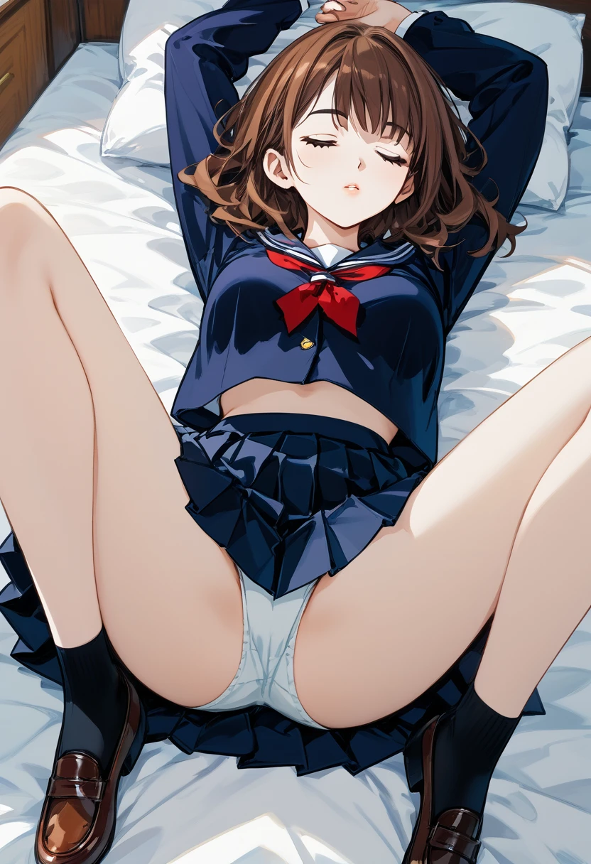 (High definition, high quality),(1 Female, Brown hair, medium length hairstyle, black eyeliner, thin lips),( High school girl uniform, pleated mini skirt),( Arms up, Sleeping on one's back, spread legs,on the bed), (nsfw,shot from below:1.2)