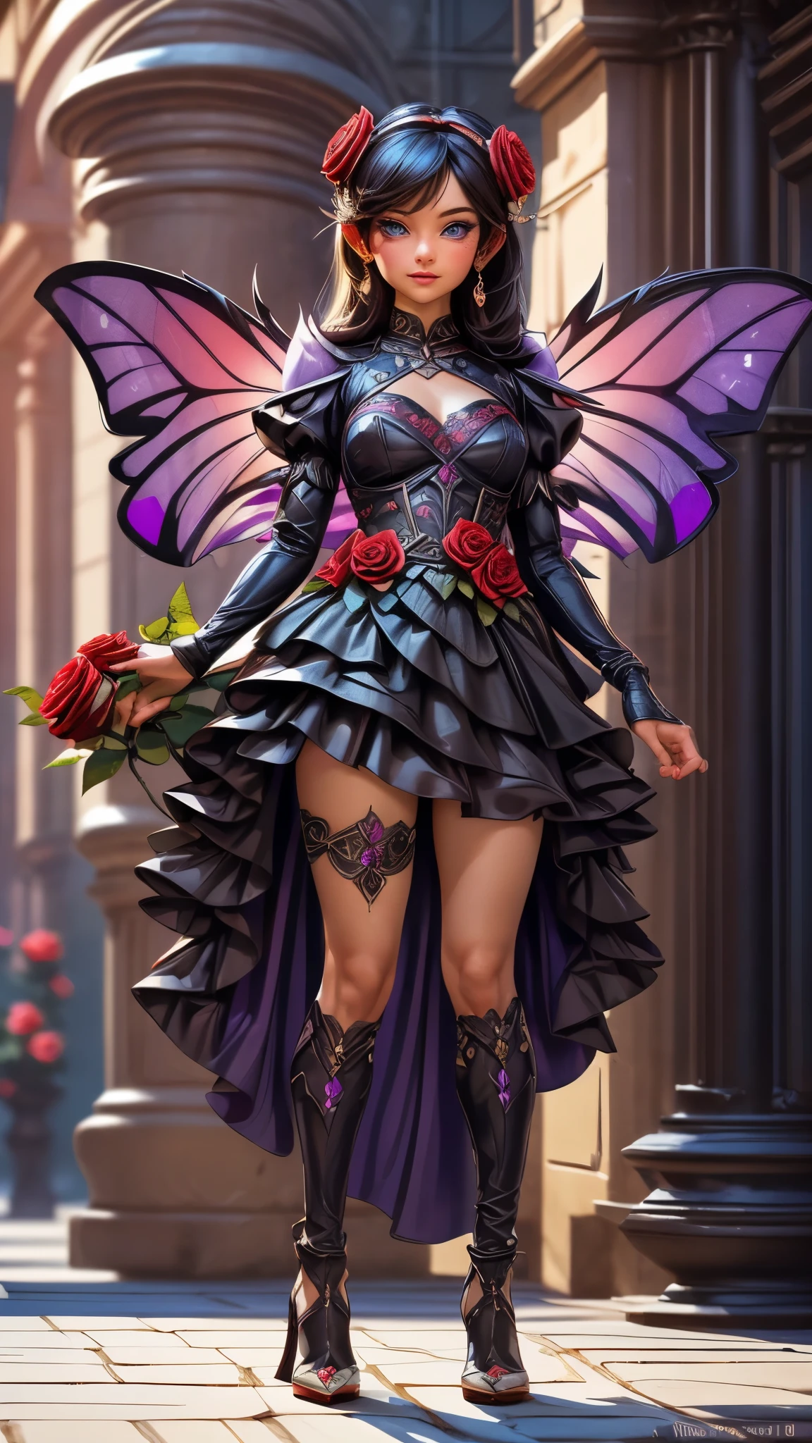 high details, best quality, 16k, RAW, [best detailed], masterpiece, best quality, (extremely detailed), GlowingRunes_paleblue, full body, ultra wide shot, photorealistic, fantasy art, RPG art, D&D art, a picture of a fairy selling flowers in a florist shop, extremely beautiful fairy, ultra feminine (intense details, Masterpiece, best quality), (purple: 1.3) butterfly wings (intense details, Masterpiece, best quality), purple and white wings (intense details, Masterpiece, best quality), black hair, pixie cut hair, shinning hair, flowing hair, shy smile, innocent smile, blue eyes, wearing black skirt, dynamic elegant shirt, chocker, wearing high heels, in flower shop (intense details, Masterpiece, best quality), extreme many (red roses: 1.3) (intense details, Masterpiece, best quality), (red: 1.3) roses shop in a modern era street, High Detail, Ultra High Quality, High Resolution, 16K Resolution, Ultra HD Pictures, Ultra Realistic, Clear Details, Realistic Detail, Ultra High Definition, Big Fairy Wings, wearing edgLL leather lingerie, ArmoredDress