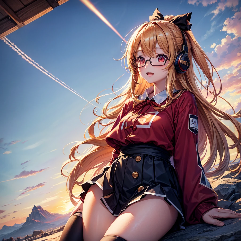Pink gold golden hair、Red eyes、One good looking girl、solo、anime、Checkered mini skirt、The skirt has buttons、Red T-shirt、Long sleeve、China、Cape、Black knee-high socks、Wearing headphones、Wearing a ribbon、Ribbon on waist、Tilting face、Teeth are visible、Sunset sky、The rocks are exploding、Snow is piled up、Rocky Mountain、The clouds are breaking through、Contrail、Glasses、Huge world tree、Sitting