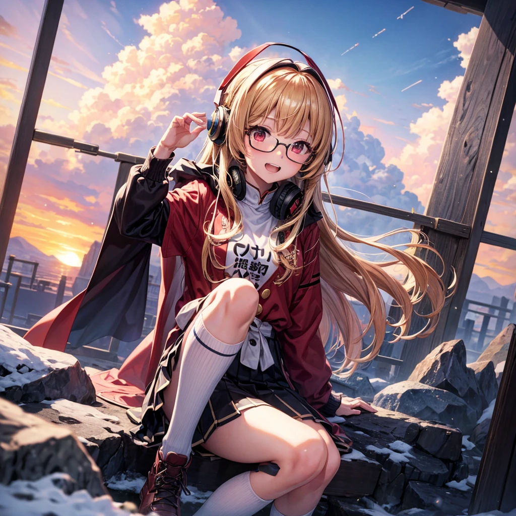 Pink gold golden hair、Red eyes、One good looking girl、solo、anime、Checkered mini skirt、The skirt has buttons、Red T-shirt、Long sleeve、China、Cape、Black knee-high socks、Wearing headphones、Wearing a ribbon、Ribbon on waist、Tilting face、Teeth are visible、Sunset sky、The rocks are exploding、Snow is piled up、Rocky Mountain、The clouds are breaking through、Contrail、Glasses、Huge world tree、Sitting