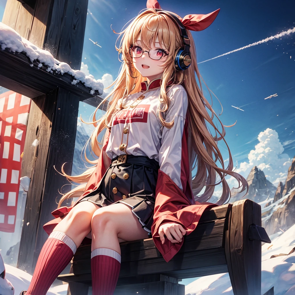Pink gold golden hair、Golden Eyes、One good looking girl、Twin tails、solo、anime、Checkered mini skirt、The skirt has buttons、Red T-shirt、Long sleeve、China、Cape、Black knee-high socks、Wearing headphones、Wearing a ribbon、Ribbon on waist、Tilting face、Teeth are visible、Sunset sky、The rocks are exploding、Snow is piled up、Rocky Mountain、The clouds are breaking through、Contrail、Glasses、Behind him is a giant World Tree piercing the clouds.、Sitting、Self-suspended bridge、Golden Sugar、Touching your face、lotus