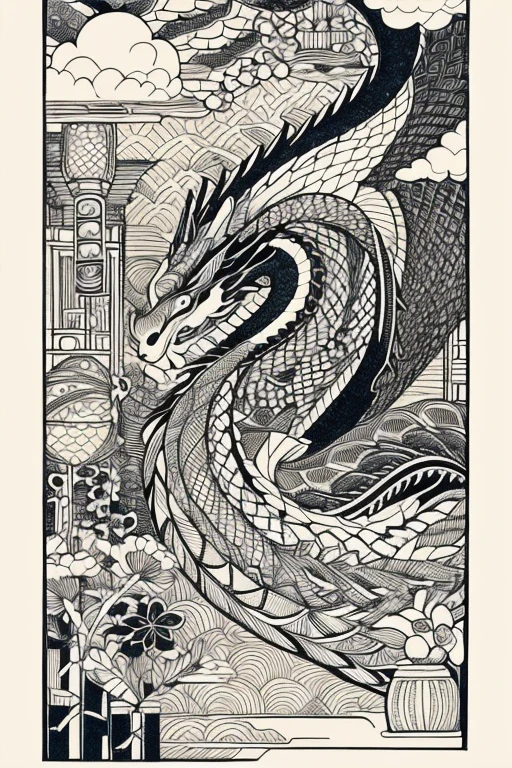 Adult coloring bookonochrome drawing,Black and White、Ise Katagami、Japanese painting、Ink painting、Japanese traditional patterns、dragon、