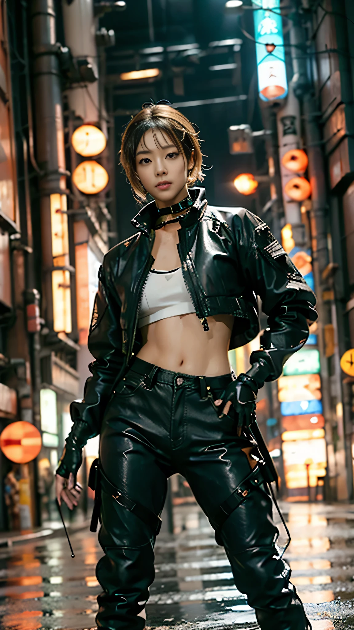 (masterpiece:1.2), (realistic, photo realistic:1.37), perfect anatomy, highly detailed background, shiny skin, (Japanese famous actress:1.5), (gyaru), flat chest, brown race, dark skin, blond hair, (very short hair:1.2), cinematic lighting, (dynamic Pose:1.5), cowboy shot, denim pants, (urban techwear:1.5), (wet hair, a wet cloth, water drop on the skin:1.1), (cyberpunk city, neon, lasers:1.3),