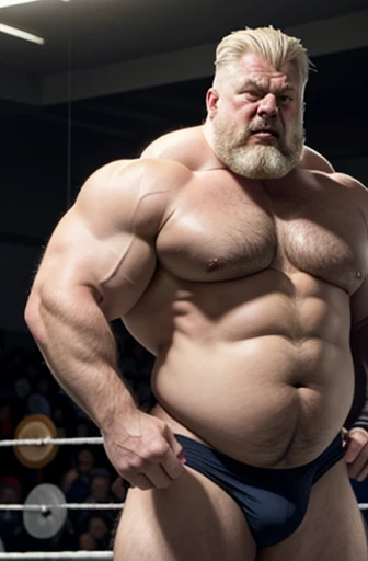 A screaming gray and blonde haired Scandinavian wrestler super heavy and shirtless bodybuilder A full body obese bodybuilder with a very sweaty body An extremely muscular and extremely fat old man over 70 years old weighing over 600 pounds. Muy musculoso y muy peludo con grandes pectorales con pezones oscuros y ginecomastia en un ring de lucha vistiendo calzas plateadas