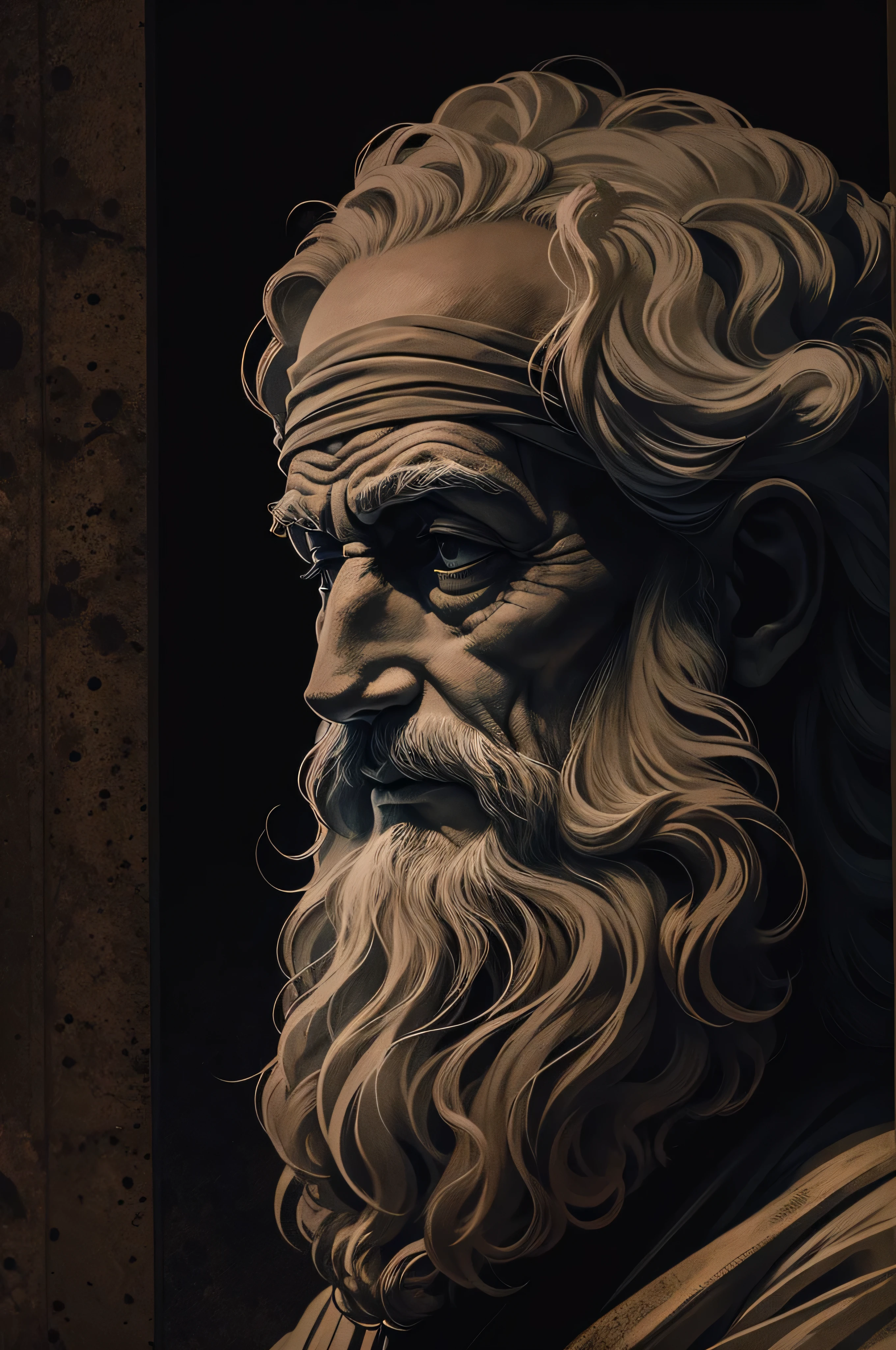 Realistic statue of an ancient philosopher on a pitch black background
