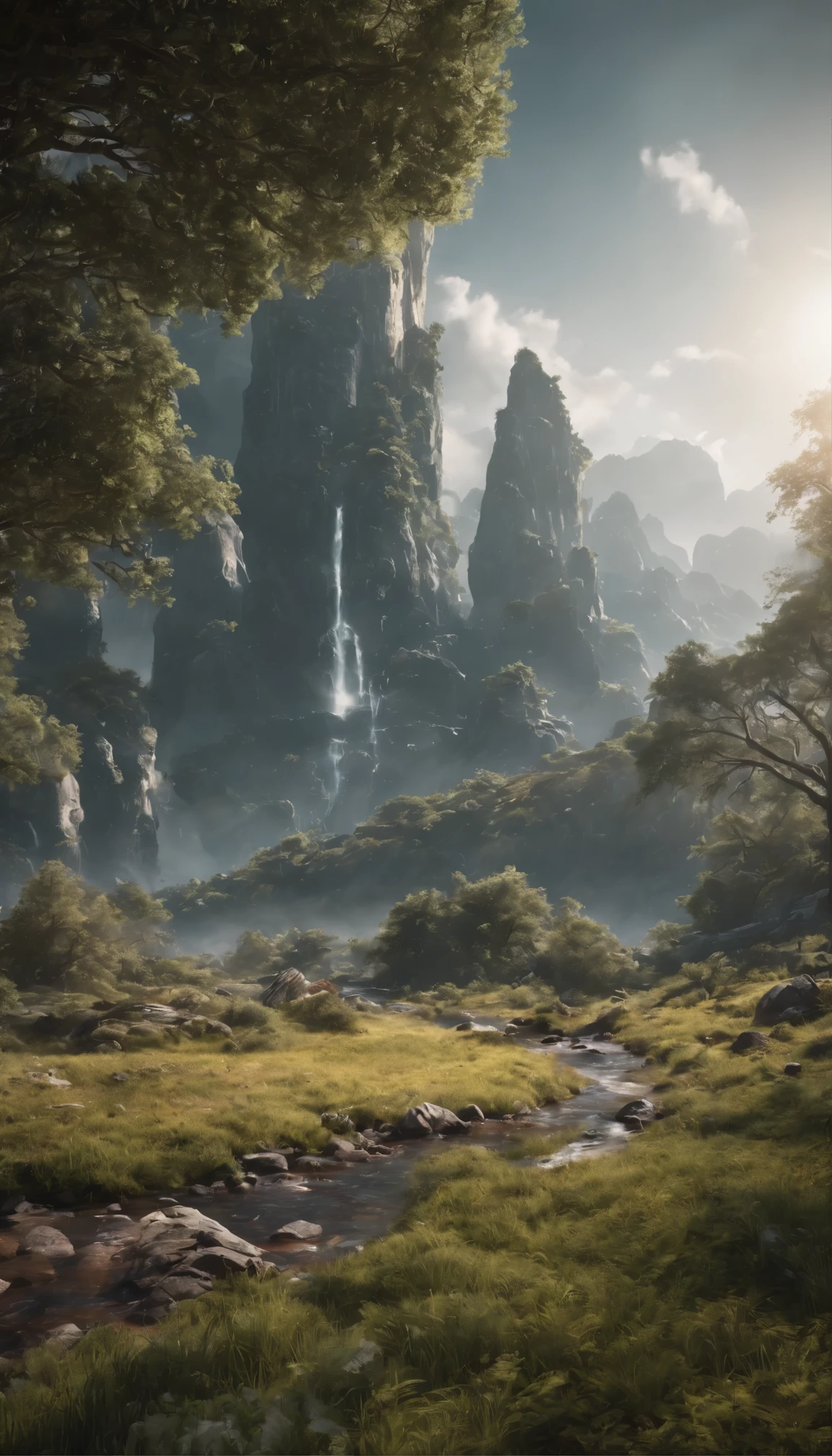 A stunning concept art piece depicting a traditional landscape in 8K resolution、It boasts super cool and ultra realistic sci-fi elements.。The images are filled with dramatic and atmospheric lighting.、Light rays trace ultra-detailed 3D environments。This scene、Dark shadows to highlight the ultra-detailed features that are trending in 4K Ultra HD ArtStation、Creates cinematic lighting effects。The central focus is、The design emphasizes the futuristic machinery placed in a rustic landscape.、Adds attractive contrast to the image。Unrealistic Engine 5 rendering、Enhance your visual experience、This really makes this a masterpiece.。