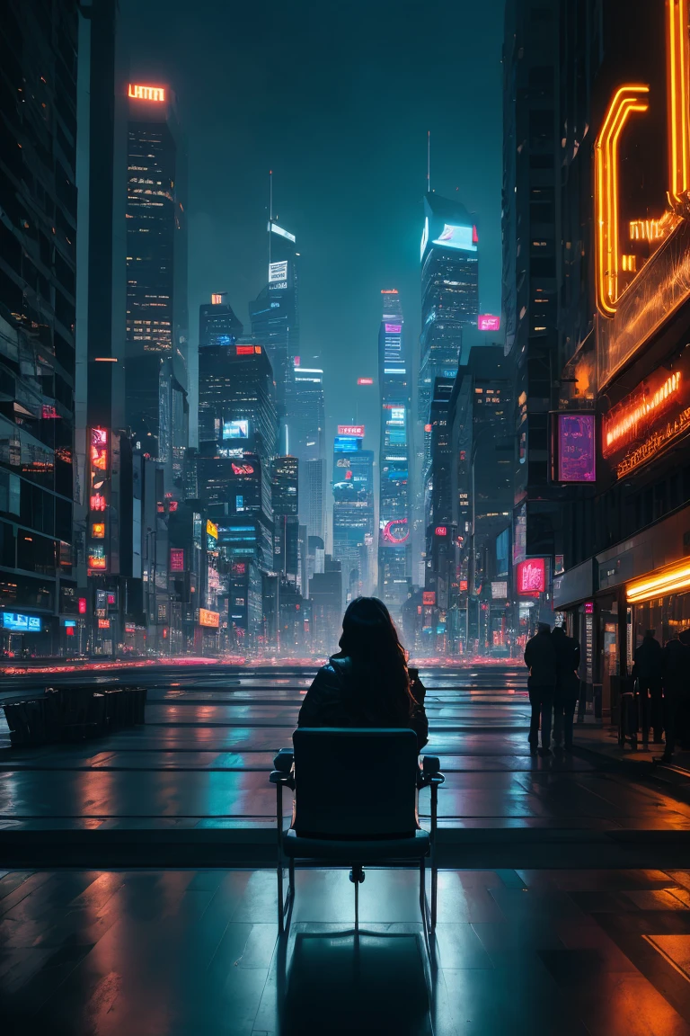 (best quality,4k,8k,highres,masterpiece:1.2), ultra-detailed, (realistic,photorealistic,photo-realistic:1.37), office in a skyscraper in a big city, female cyborg sits with her feet up in a luxurious chair, cyberpunk, silver and blue color palette, dramatic lighting, futuristic technology, holographic displays, bustling cityscape, neon signs, floating vehicles, glass windows reflecting the city lights