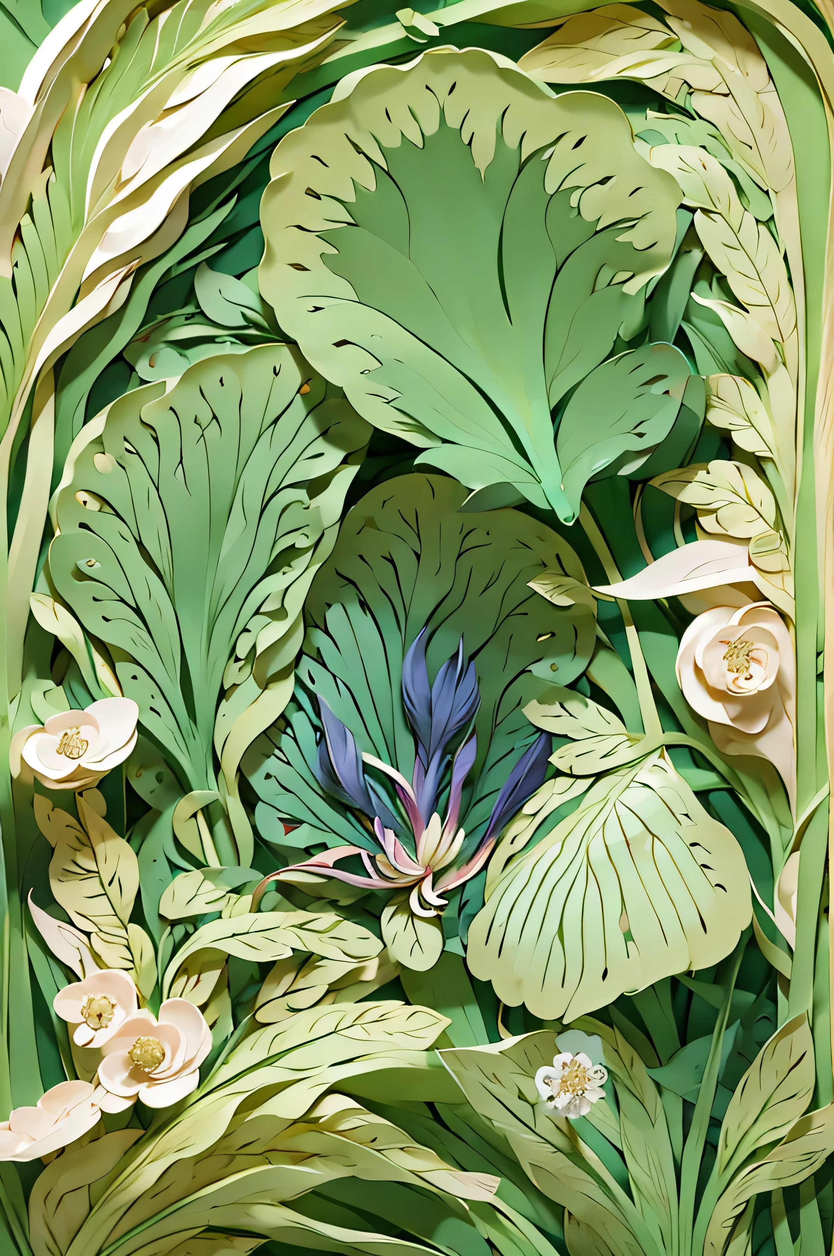 Natural and organic depiction of ancient ruins, Earth tones and plant motifs、Express your connection to nature and the environment, Influenced by botanical illustrations and environmental art, Georgia O'Keeffe or Cristo、Created by artists such as Jeanne-Claude、Colorful designs and colors