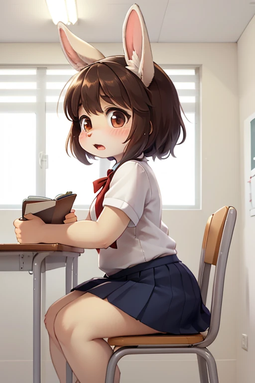 left side view , focus face , hairy bunny Short stature girl , (realistic hairy bunny fur:1.2) , round Mumps face , (tilt face:1.2) , dull geek , round eyes , Swollen cheeks , shy , glossy lips , in the school , Class is in progress , school sailor , skirt , sit on chair , Looking Ahead , Bored attitude , Kneel on the desk , Write in a notebook , Surprised